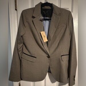 British Khaki Houndstooth Single-Button Blazer with Contrast Trim